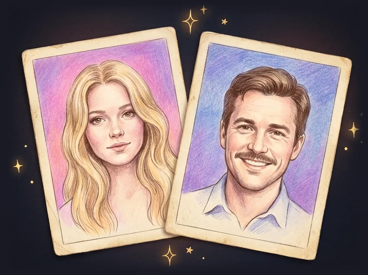 Two pencil portraits, a woman and a man, on cards under the stars